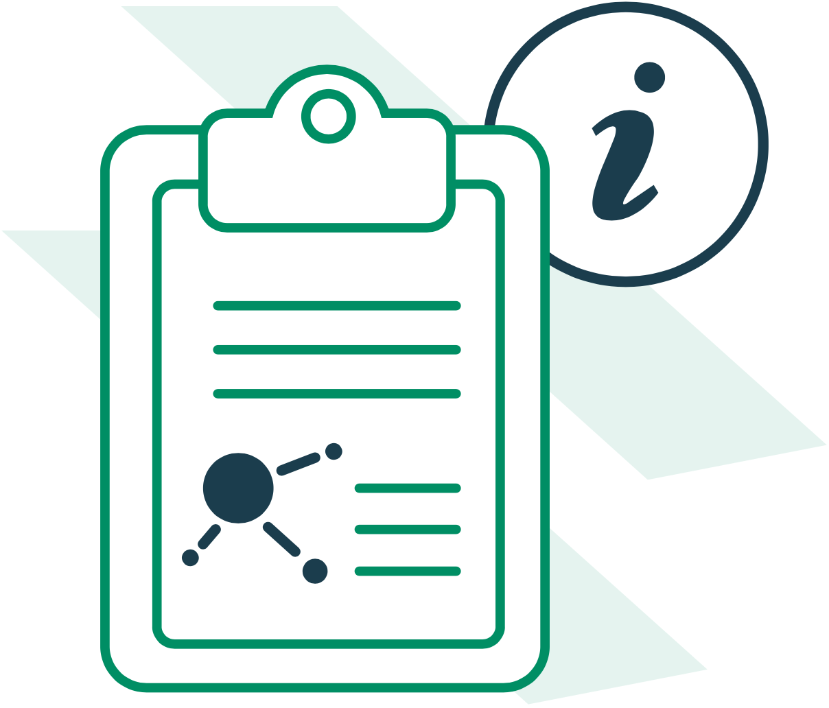 line drawing of a clipboard and information icon (i)